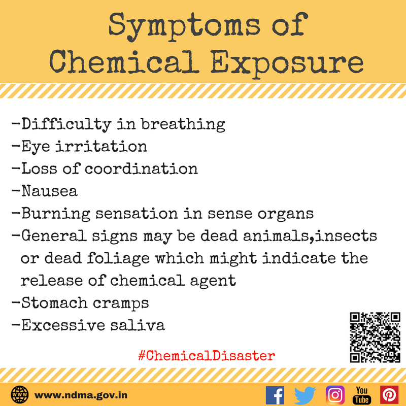 Symptoms of Chemical Emergencies– difficulty in breathing, eye irritation, loss of coordination, nausea, burning sensation in sense organs, general signs may be dead animals, stomach cramps, excessive saliva 
